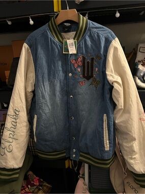 Adult size Blue Denim & Cream Bomber Jacket with Embroidered Butterflie